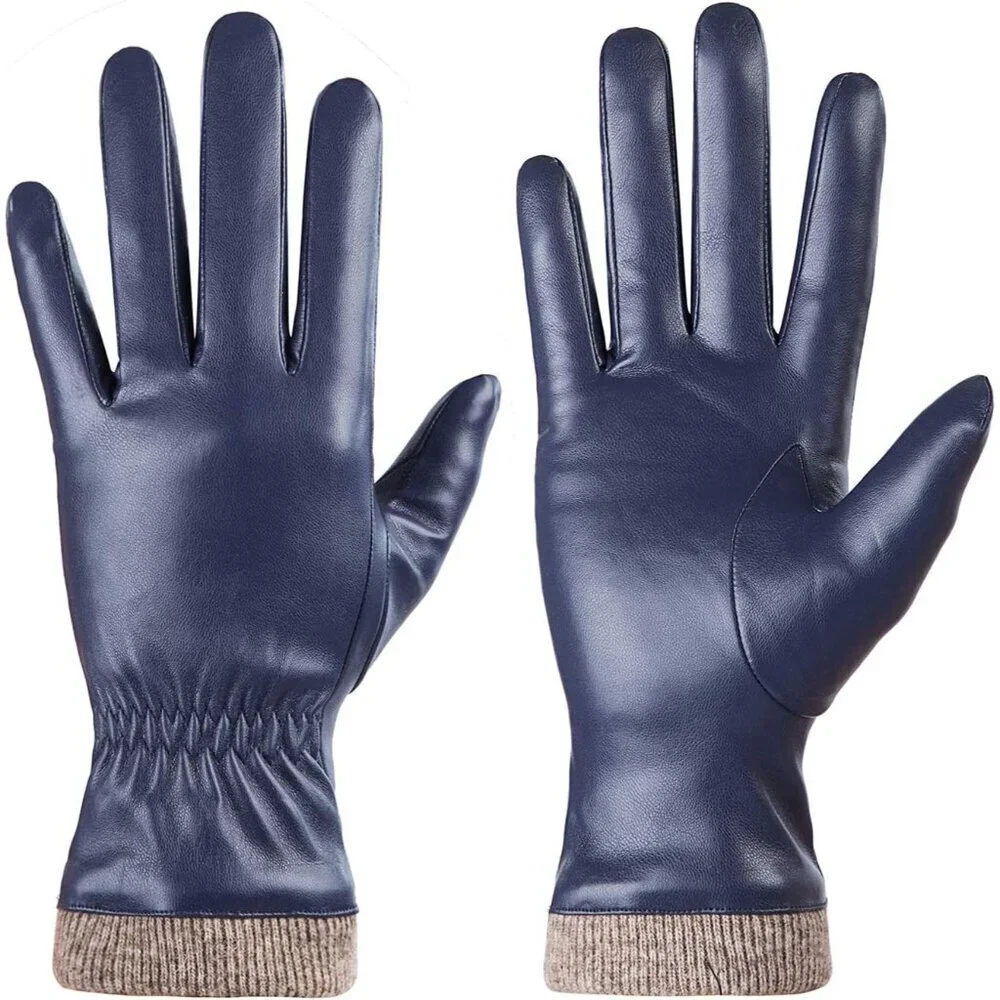 Women's Navy Wool Fleece Lined Warm Touchscreen Thick Thermal Snow Gloves